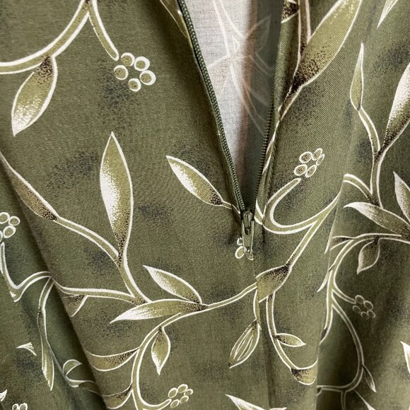 Vintage 90s Dress Green Leafy Floral Momcore Rayon Sleeveless Tie Waist Green - Picture 15 of 15